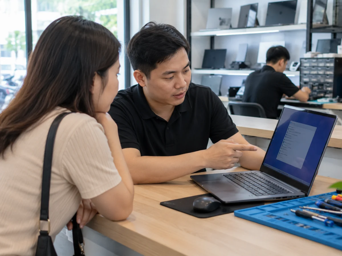 Kỹ thuật viên kiểm tra máy cùng khách